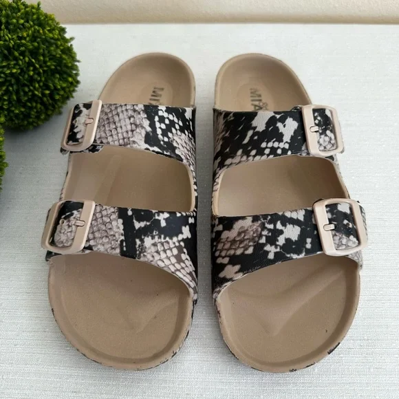MIA Girl Snake Print Taupe/Black Dual Buckle Lightweight Slide Sandals Women’s 7 - Picture 2 of 8